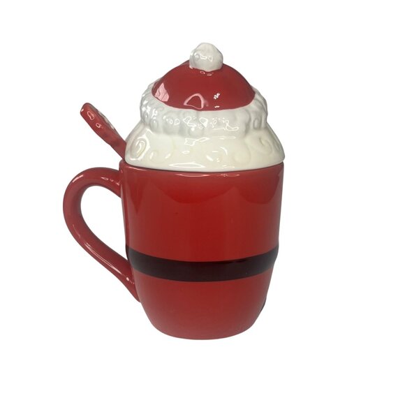 Santa Claus Ceramic Mug Lid & Spoon Red White Holiday - Picture 3 of 10